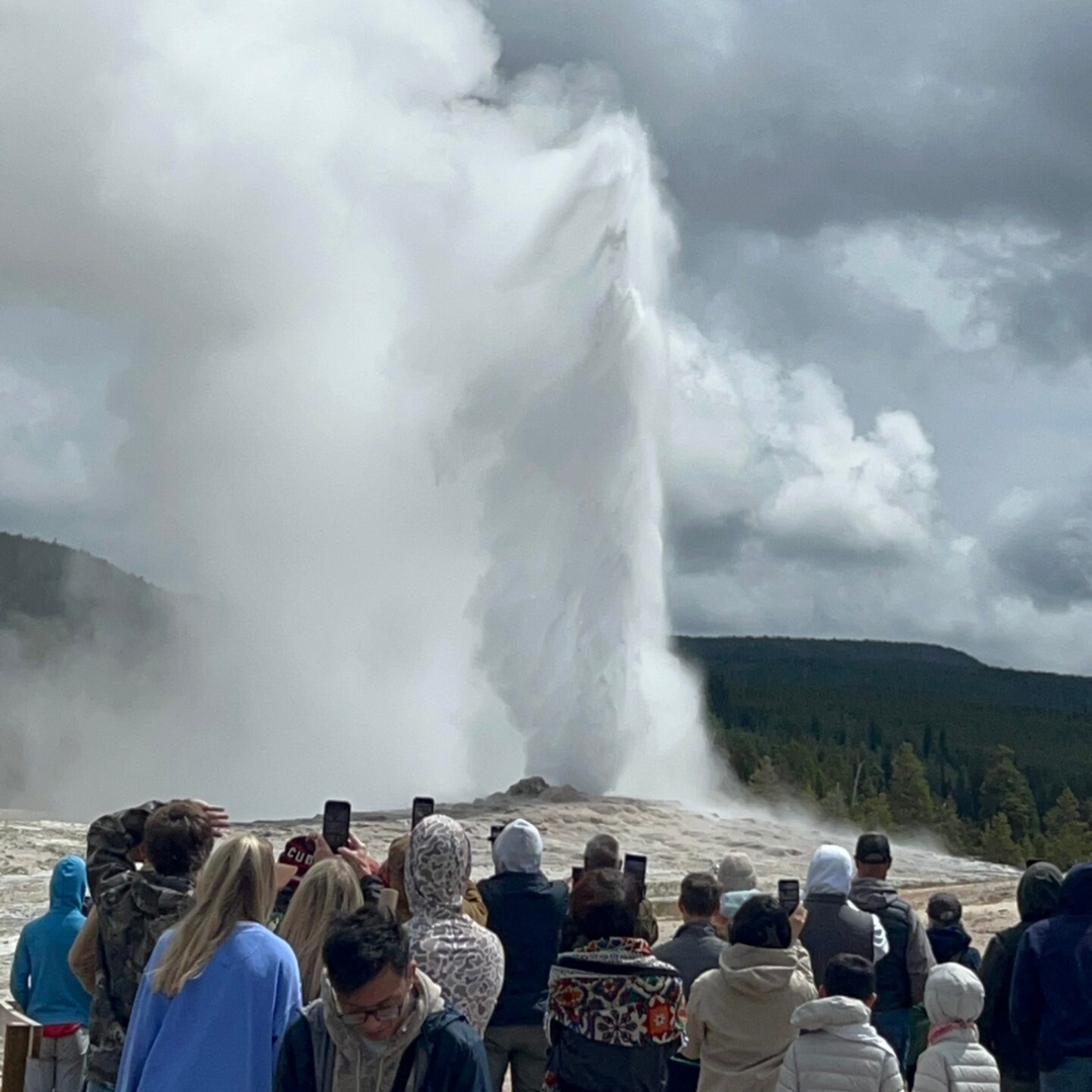 Student in Yellowstone looking at a scenic landscape, experiencing affordable travel while working in their home country.